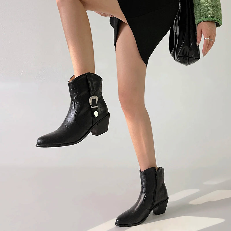 Winter Classic Chelsea Boots Woman Belt Buckle Pointy toe Wedges heel Ankle Boots Simple Comfortable Cowboy Boots