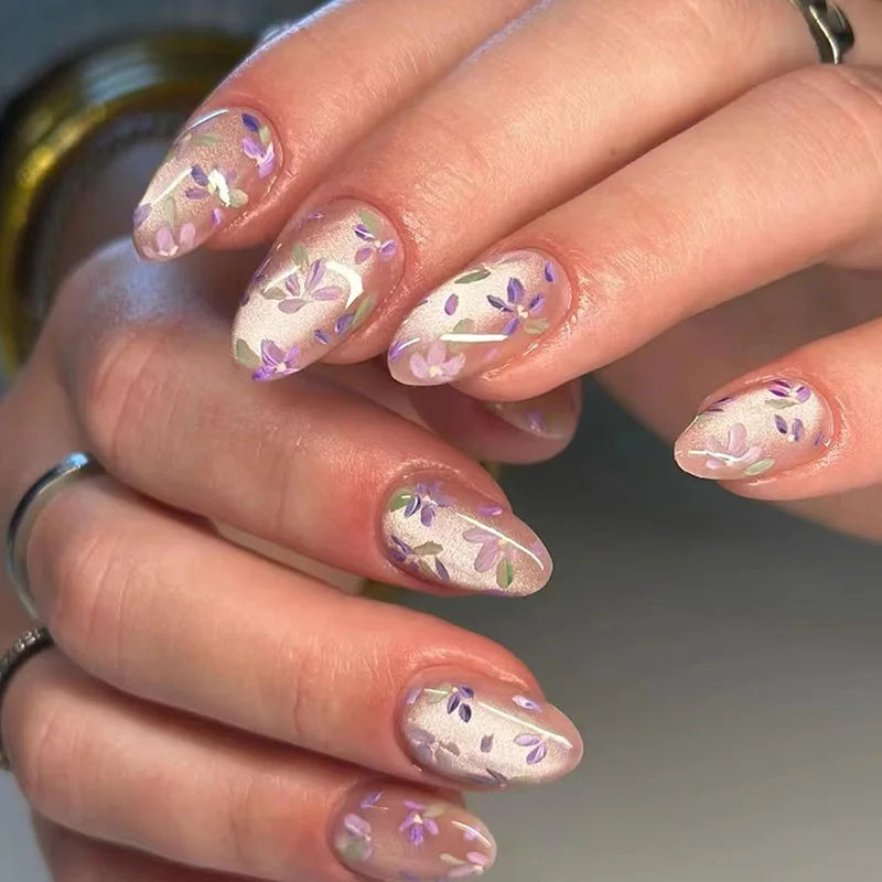 24pcs Cat Eye Press on Nails Finished Flower Design Full Cover Almond False Nail