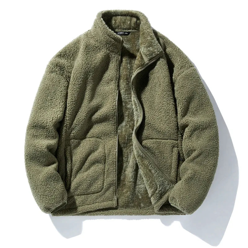 Winter Fleece Jackets Men Solid Loose Casual Warm Coat Mens Stand Collar Outerwear Jacket Streetwear