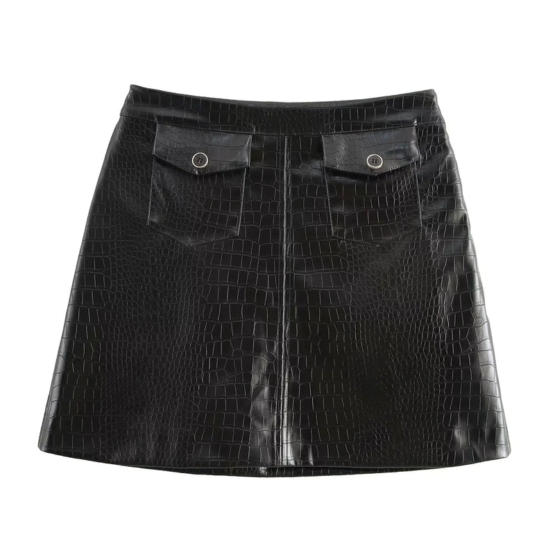 Winter Woman Artificial Leather Mini Skirt Pocket Skirts For Women Streetwear Casual Short Skirts