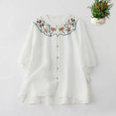 Spring Summer Cotton Linen Embroidery Blouse Shirt Button Elegant Office Ladies Women Casual Loose Tops Temperament