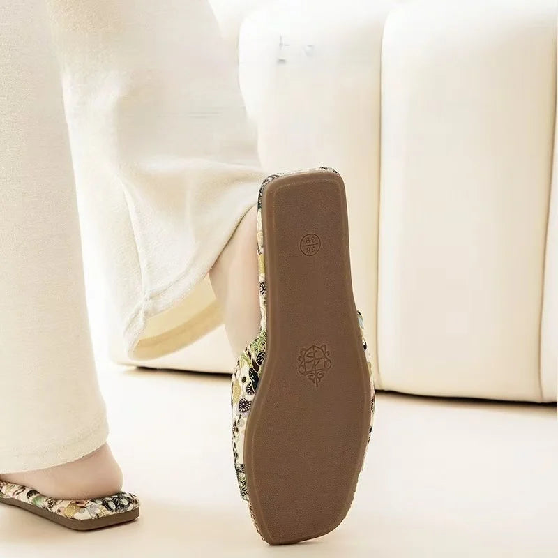 Women's Ethnic Linen Slippers Open Toe Flat Sole Breathable Lightweight Slipper