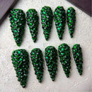 10pcs high-end Court emerald green scheme glittering with diamonds all over handmade nails
