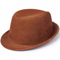 A brown felt fedora hat with a pinched crown and curved brim, shown from a three-quarters angle on a white background, Obroi