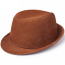 A brown felt fedora hat with a pinched crown and curved brim, shown from a three-quarters angle on a white background, Obroi