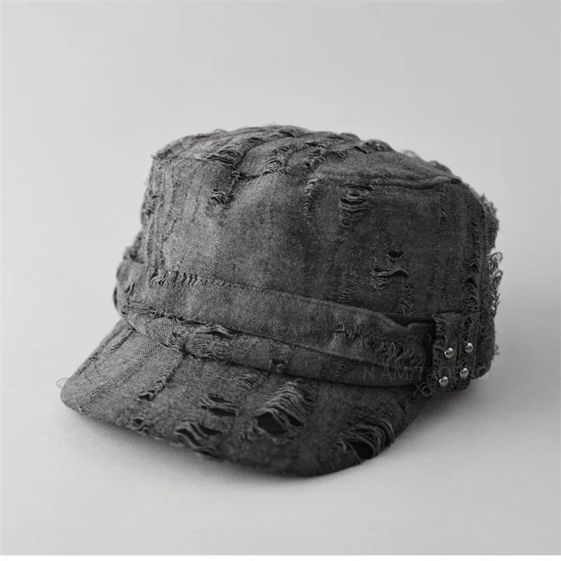 Ripped Hole Punk Flat Cap Man Rivet Distressed Hats