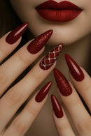 Close-up of a hand with red glittery nails and red lipstick, Obroi