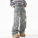 Men's Denim Pants Pleated Large Pocket Straight Jeans Loose Wide Leg Male Trousers