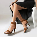 Women Sandals Peep Toe Thin Heels 11cm Buckle Strap Flock Female Shoes