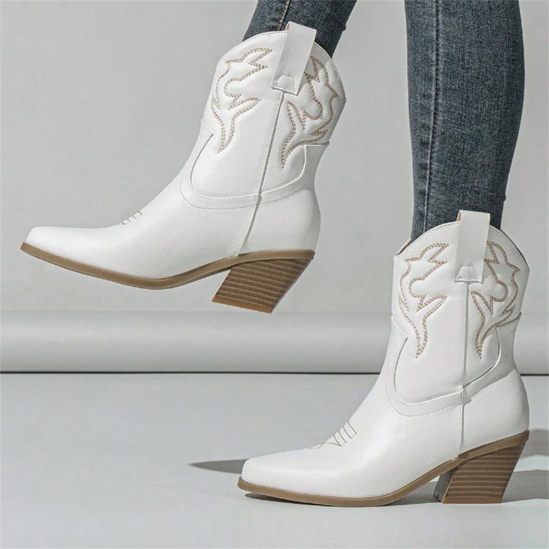 Embroidery Pointed Toe Ankle Boots Women Punk Square Heels Short Western Booties Shoes