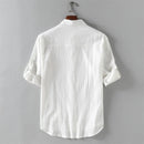 Men Summer Shirts Stand-up Collar Mid-sleeve Shirt Cotton Linen Loose