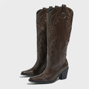 Comfort Leather Knee-High Boots Spring Autumn Pointed Thick Heel Sewing Side Zipper Boots Women