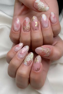 24pcs Long Almond Nails Art Gilded Flower Design Full Cover Nail Tips Pink Press on Nails