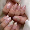 24pcs Long Almond Nails Art Gilded Flower Design Full Cover Nail Tips Pink Press on Nails