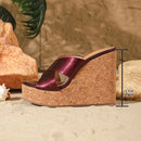 Summer Red Cross Belt Wedges Heel Thick Bottom Wood Pattern Waterproof Platform Beach Slippers Shoes