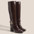 Women's Black Patent Leather Boots Rhinestone Square Buckle Decor Round Toe Side Zipper Long Boots