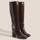 Women's Black Patent Leather Boots Rhinestone Square Buckle Decor Round Toe Side Zipper Long Boots