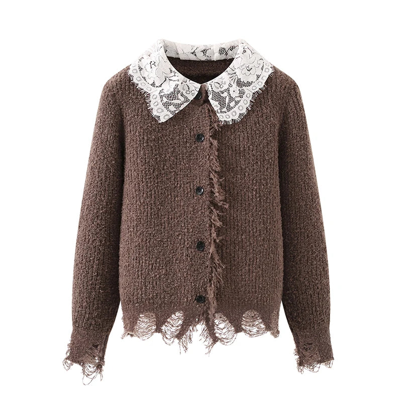 Cardigan Sweaters Women Long Sleeve Knitted Coat Lace Patchwork Design Retro Tops