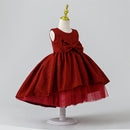 Vintage Girls New Bow Elegant Dress Trailing Girl Birthday Party Fluffy Layered Costume Kids Christmas Summer Gown