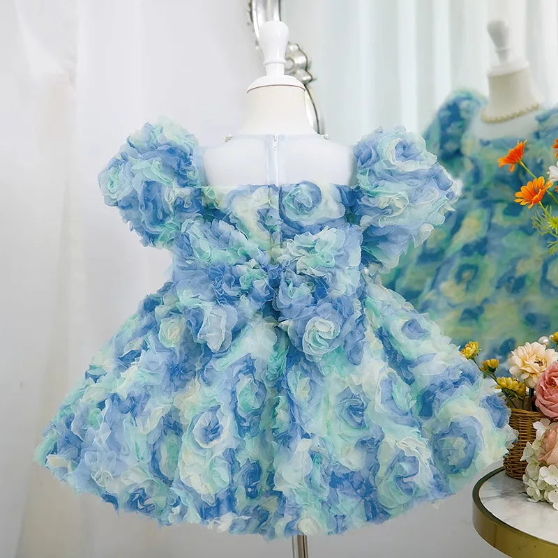 Children's Summer Dress Birthday Party Rose Bubble Sleeve Girls Princess Dress Puffy Dress