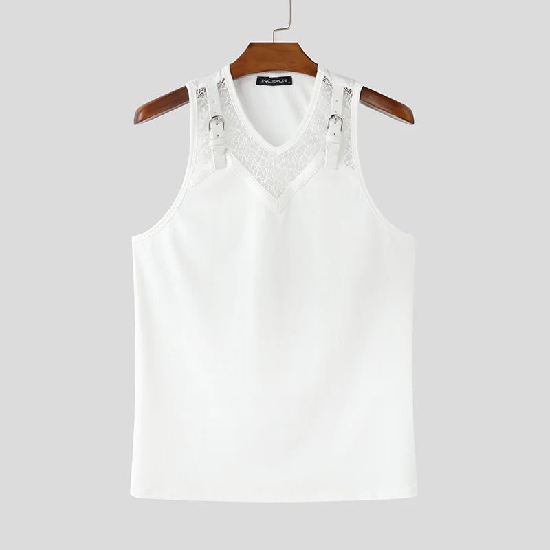Men Tank Tops Lace See Through Male Vests Sleeveless Summer Men Clothing