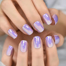 Close-up of hands with lavender and white ombre nail polish on a neutral background, Obroi