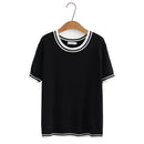 Women T-Shirt Summer Short Sleeve Striped Ice Knitted Tops Loose Tees Oversized Curve Clothes