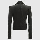 Black leather jacket shown from the back on a light gray background, Obroi