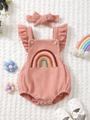 Baby Girls Rainbow Embroidered Romper with Ruffle Straps & Headband Summer Outfit