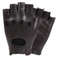Pair of black leather gloves with fingerless design on a white background, Obroi