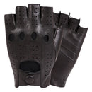 Pair of black leather gloves with fingerless design on a white background, Obroi