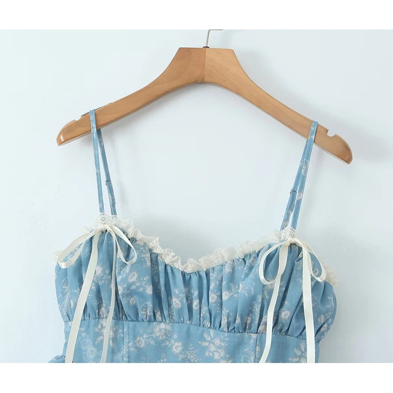 Women Trim Floral Sling Mini Dress Layered Hem Female Summer Holiday Dresses