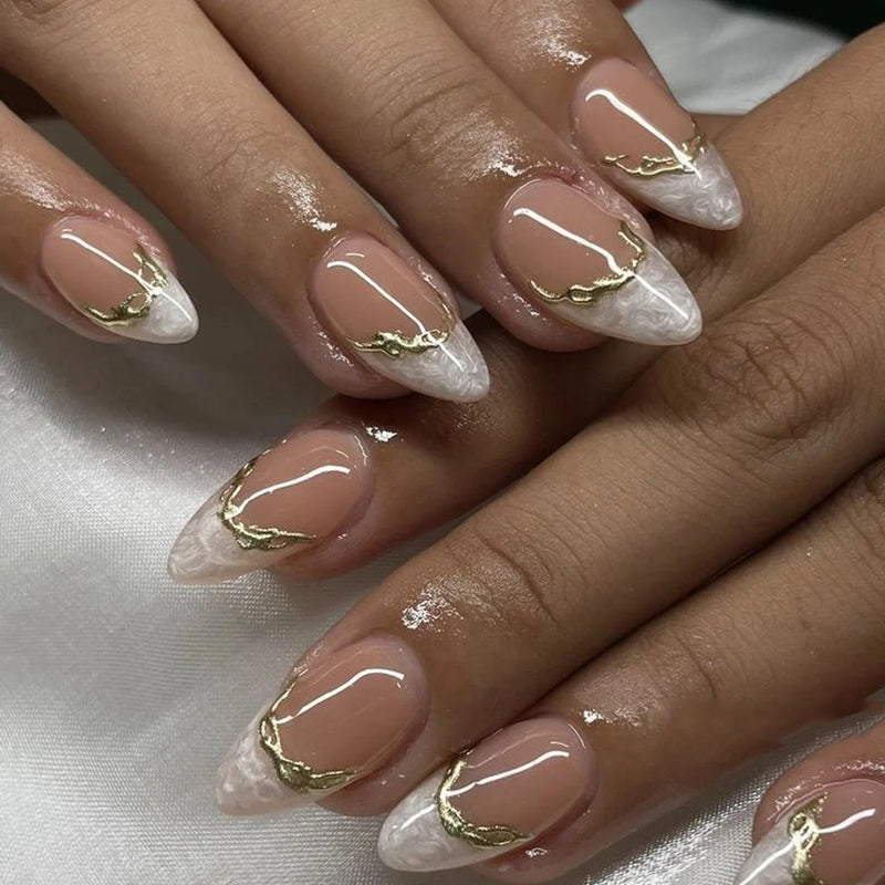 Finished False Nails Press on Ins Pink Long Almond Nails Tips with Flower Pearl Design