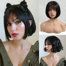 Three-panel collage showing a short black wig: a woman modeling it in a side-swept bang style, a mannequin bust showing the straight bob shape, and another woman modeling the wavy bob style, Obroi