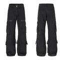 Black cargo pants shown from front and side views on a white background, Obroi