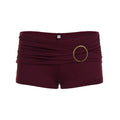 Maroon shorts with a gold belt buckle on a white background, Obroi