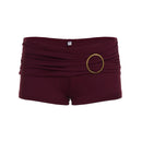Maroon shorts with a gold belt buckle on a white background, Obroi