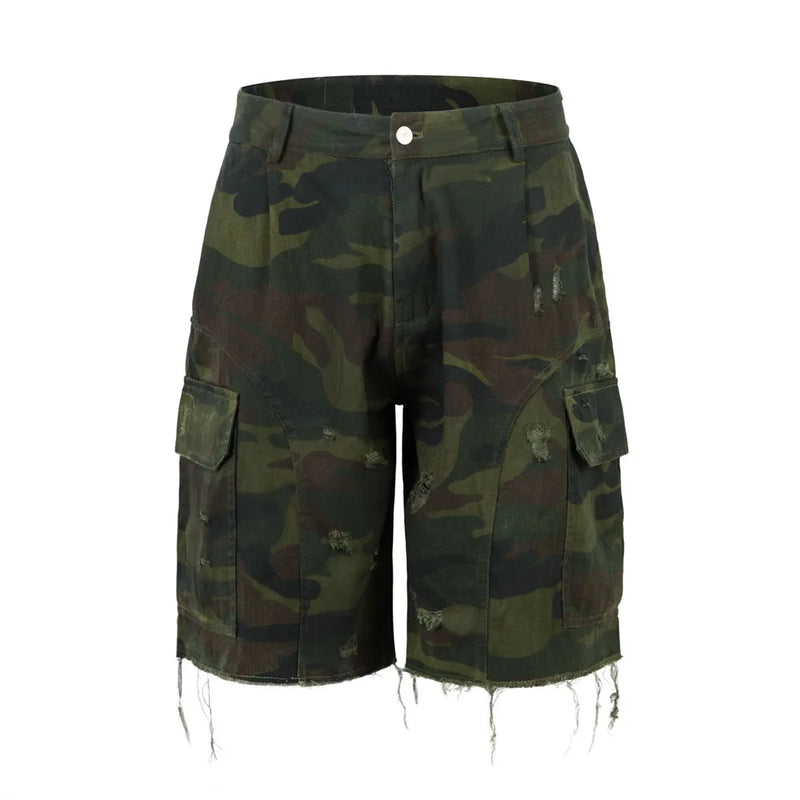Camouflage Cargo Shorts Men Safari Style Summer Leg Raw Edge Knee-length Shorts Men