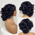 Black curly hairpiece displayed on a mannequin head and a white background, Obroi