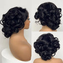 Black curly hairpiece displayed on a mannequin head and a white background, Obroi