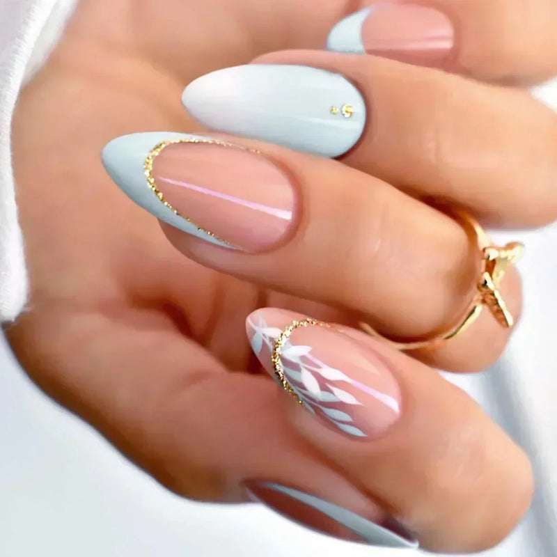 24pcs winter fall leaves false nails with almond artificial nails with glue short stiletto fake press on nail