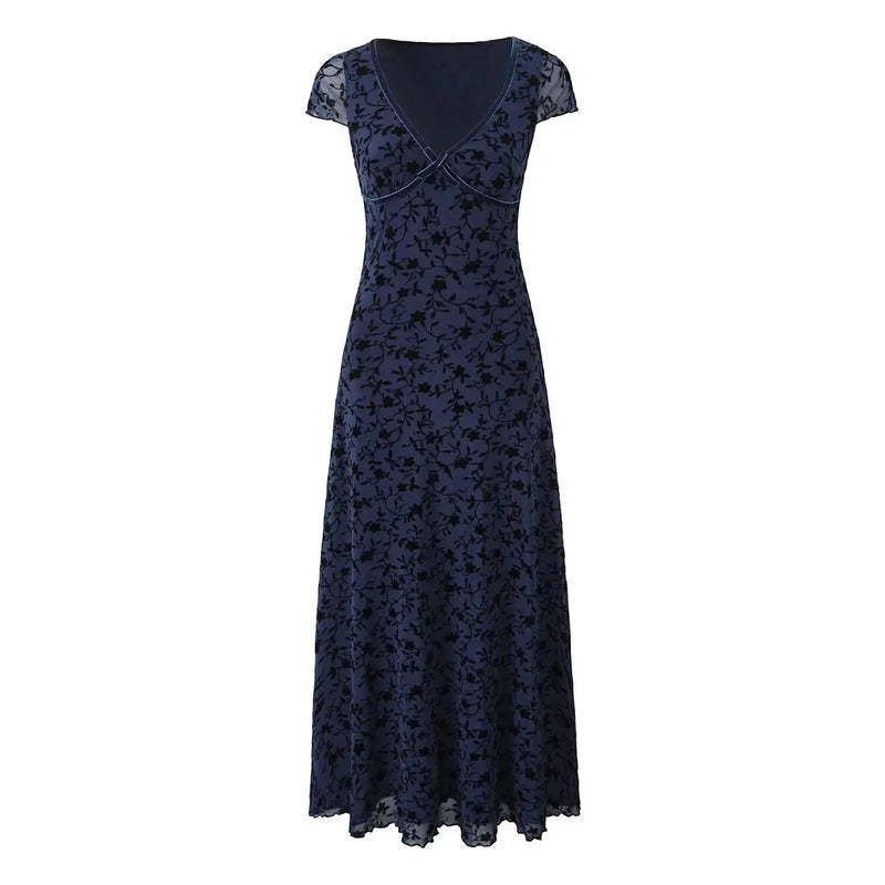 Summer Women Floral Dress High Waist A-line Midi Mesh Dresses