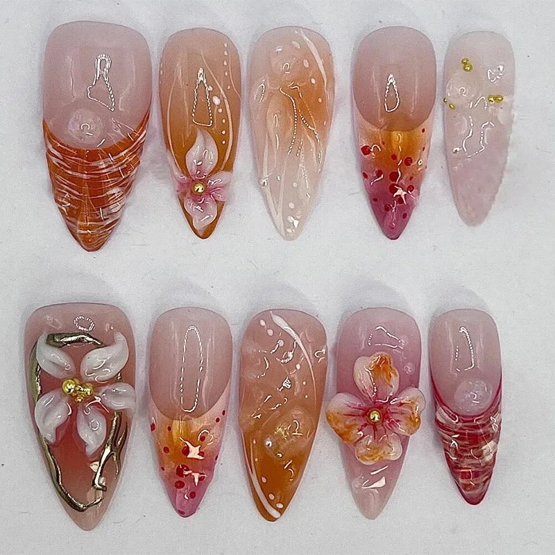 24Pcs Light Blue Smudge Fake Nails Press on Almond Gold Leaf Removable Long Full Cover Nail Tips Wearable Finished Nail Art