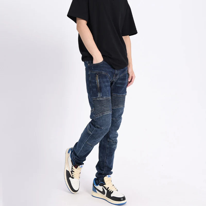 Men Jeans Spliced Designer Elastic Slim Fit Biker Jeans Men Retro Blue Zipper Patched Hip Hop Denim Pants