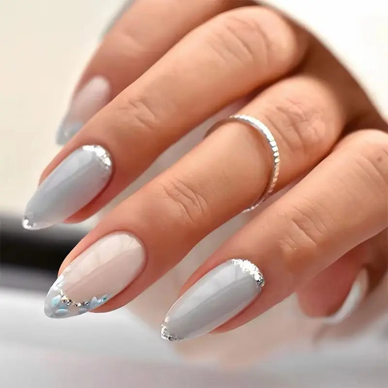 Simple Stick on Nails Colorful Lines with Golden Steel Beads Fake Nails for Women Wearable Almond False Nails Tools