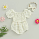 Lovely Summer Newborn Baby Girls Rompers Clothes Solid Ruched Off Shoulder Short Sleeve Bodysuits Jumpsuits Headband Outfits