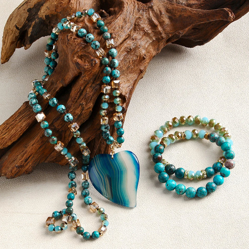 Bohemian Women Jewelry 6mm Natural Stone Glass Knot Necklace Agate Heart Pendant,8mm Beaded Elastic 2pcs Stack Bracelet Set
