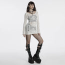Women Punk Skull Design Weaving Structure Knit Dress Decadent Long Sleeves Short Dresses
