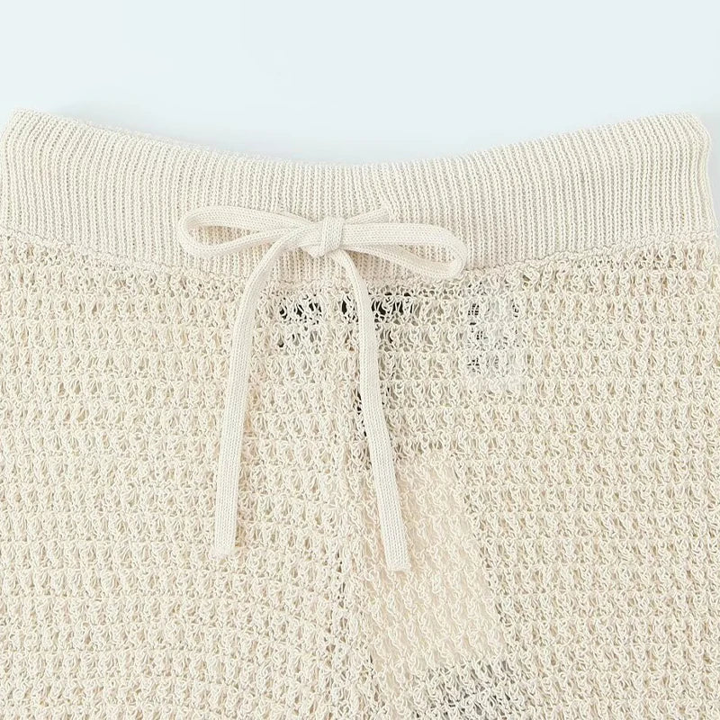 Women Beige Lace Up Knitted Mini Shorts Female Chic Lady Shorts