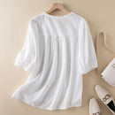 V Neck Elegant Summer Cotton Shirt Ladies Short Sleeve Tops Sweet Loose Lace Women Blouse Casual